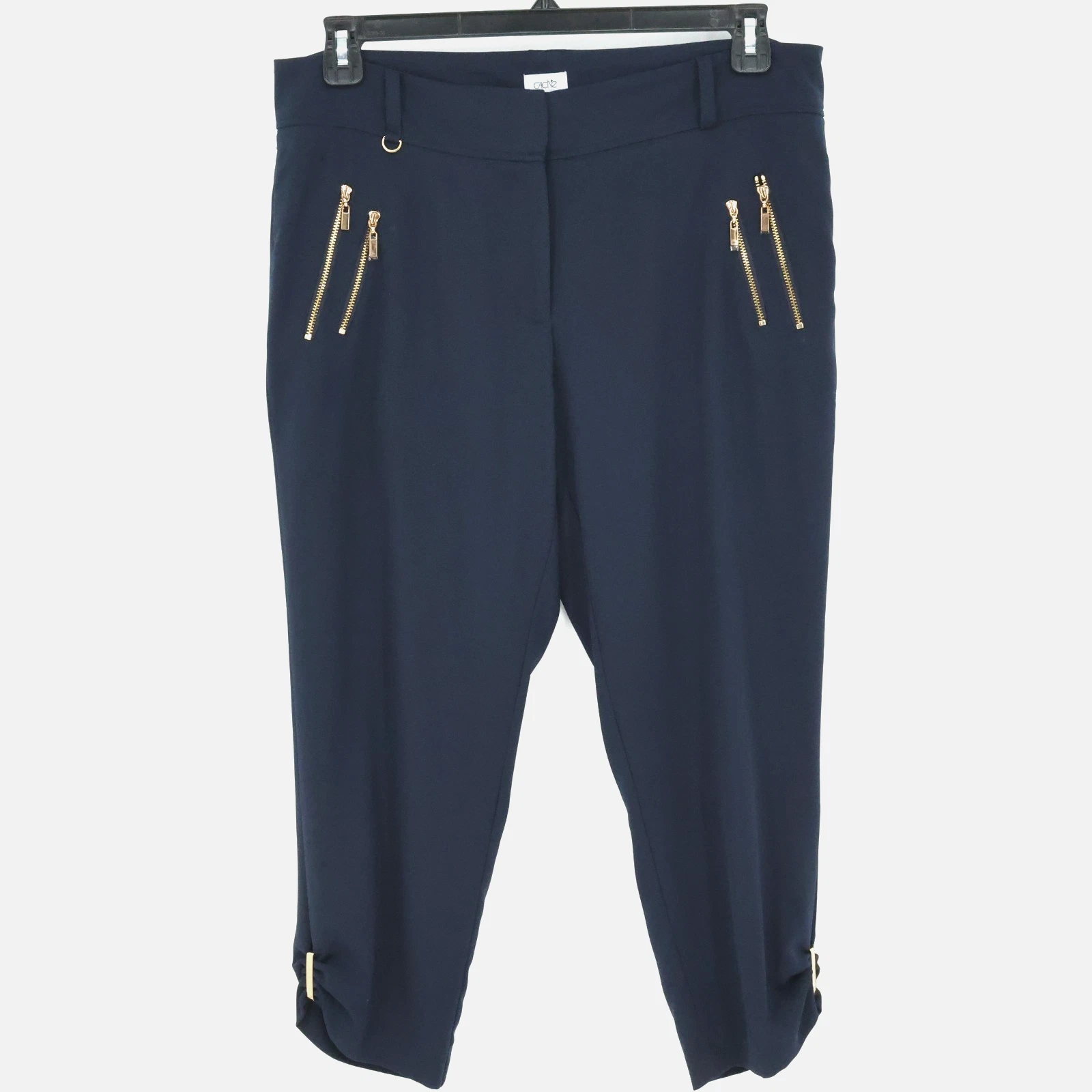Cache Pants Womens 12 Navy Blue Capri Zipper Details Ruched Cuff Ankle Crop Vtg