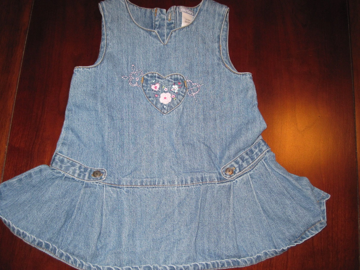 Carters Girls Valentine Denim Blue Jean Dress Jumper Heart Flower