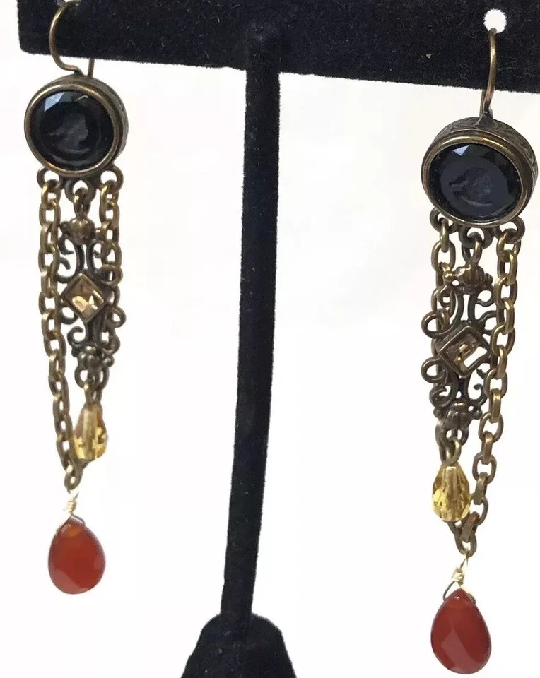 "Pendientes Extasia 3"" llamativos camafeo negro vidrio prensado con cornalina y citrino" Foto 2 de 4