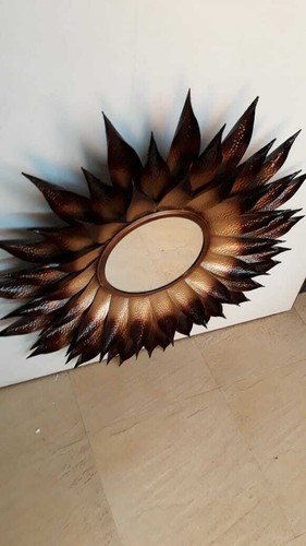Metal Hammered Design Large Brown Gold Sun Burst Wall Art Deco Handmade Mirror - Picture 2 of 4