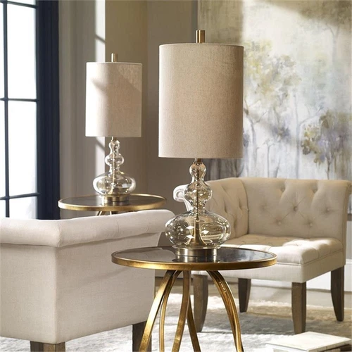 Uttermost Formoso Steel Glass and Fabric Table Lamp in Antique Brass and Khaki - Picture 4 of 5