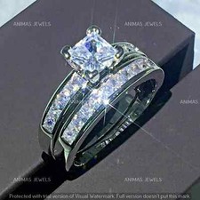 14K White Gold Plated 2 CT Princess Moissanite Engagement Band Ring Set Size-7.5