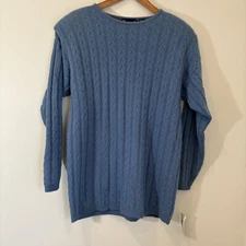 Wainscott Women Cable Knit Sweater Medium Blue Long Wool Angora Classic Stretch