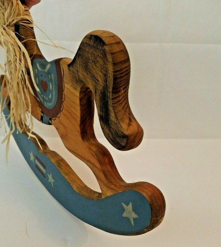 Handmade Wooden Painted Rocking Horse Wall Hanging Decoration 17" Long Straw Bow - Picture 9 of 11