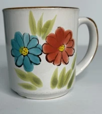 Vintage Sunnycraft KOREA Stoneware #21104 Hand-painted Blue Red Flower Mug