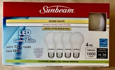 Sunbeam Dimmable LED Bulb - 100W - 3000K Warm White - 4 Pack Light Bulbs - A19