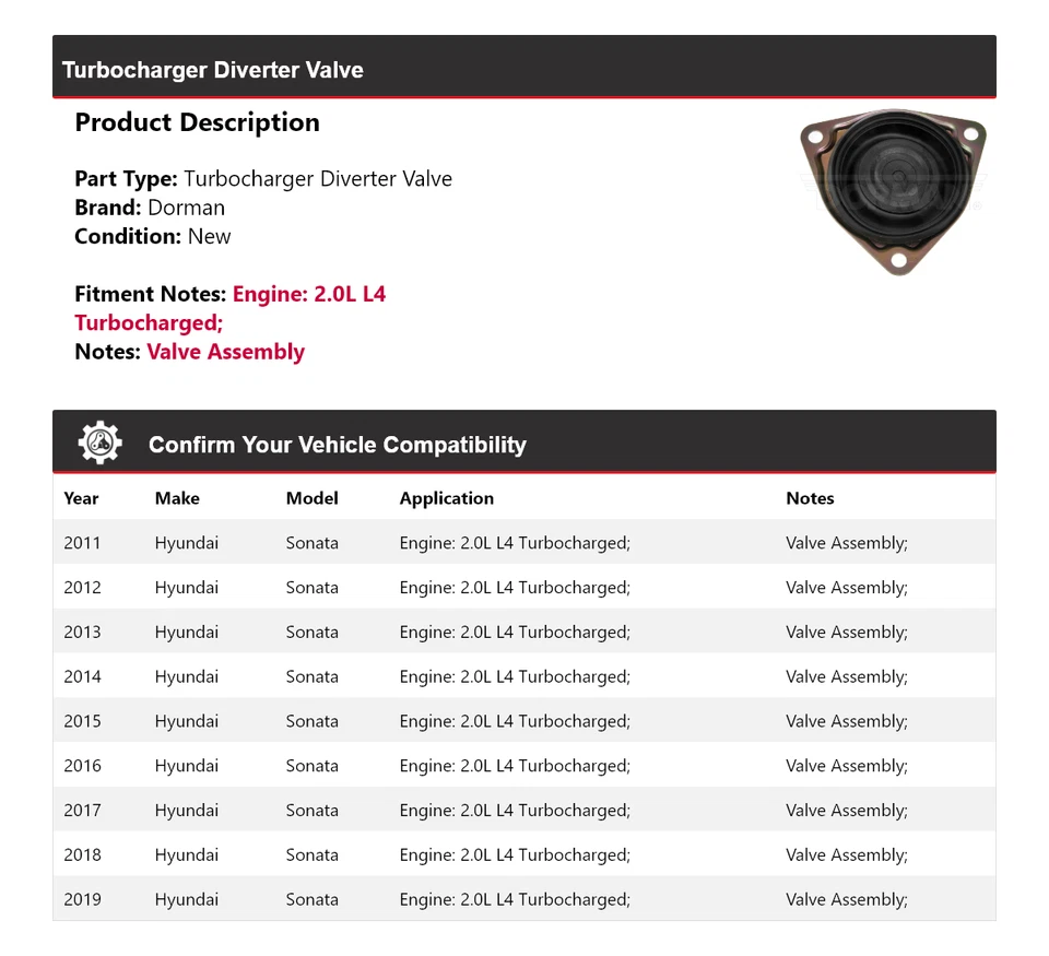 For 2011-2019 Hyundai Sonata Dorman Turbocharger Diverter Valve 2012 2013 2014 - Image 2 of 4