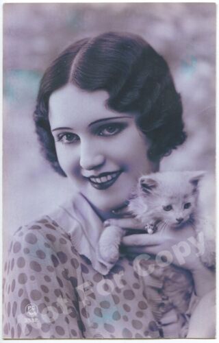 Antica cartolina francese 1910 originale fotografia donna gatto gattino ritratto Parigi - Foto 1 di 2