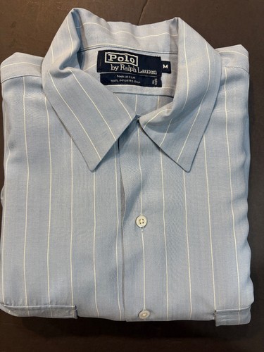 Polo Ralph Lauren Silk Shirt Mens Medium Blue w Stripe Button Front Made in USA - Picture 7 of 9