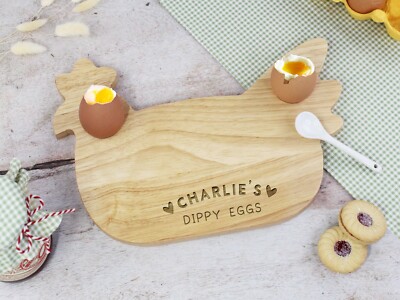 Personalisiertes Dippy Eier Brett in Hühnerform mit Namen Holz Kinder Frühstücksbrettchen