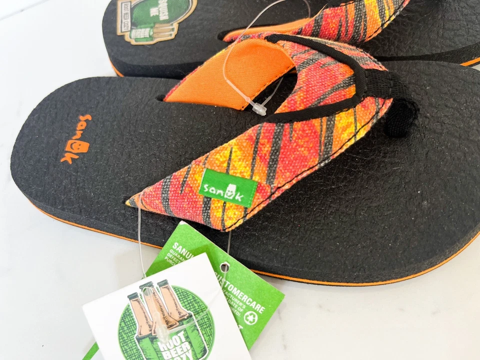 NWT! Sanuk Root Beer Cozy Funk Shoes Sandals Flip Flops Orange Red Boys Sz 11-12 - Image 2 of 4
