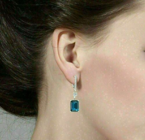 Emerald Created London Blue Topaz Dangle Earrings 14K White Gold Plated Silver - Picture 3 of 4
