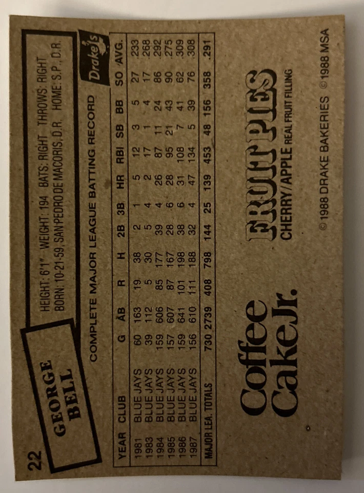 1988 Topps Drake’s Big Hitters George Bell Baseball Card #22 Blue Jays Creased - Image 2 of 2