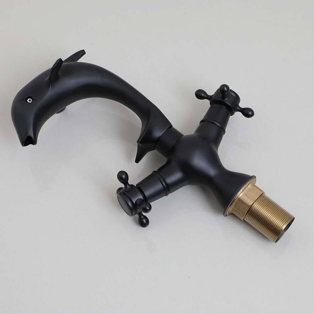 Matte Black Bathroom Sink Faucet Dolphin Design 2 Handles Mixer