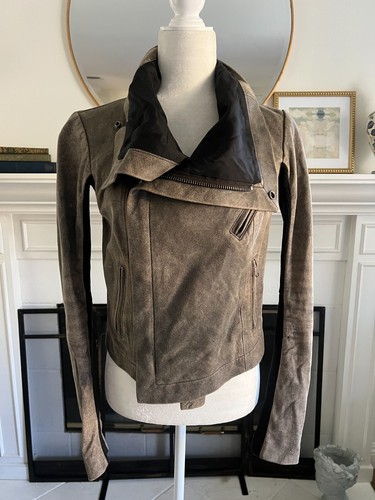 VEDA NYC Gray/Brownish Leather Jacket Size M Distressed Cowl Neck Snap Closure - Picture 17 of 19