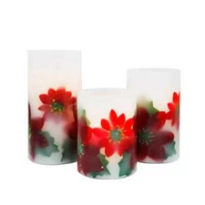 NEW Manor Lane Set of 3 Flameless LED Christmas Poinsettias Candles Timer NIB