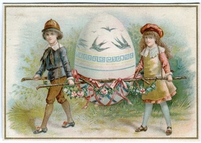 Glanzbilder Karte Litho Ostern  Kinder tragen großes Ei Blumen 9,8 cm