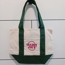 Trader Joe's NWT Ltd Ed Mini Canvas Collectible Tote, In Hand, Nat/Hunter Green 