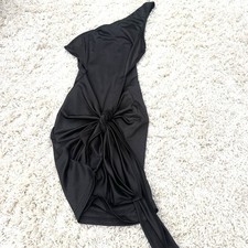 Black Asymmetric One Shoulder Ruched Bodycon Midi Dress UK Little Black Dress 10