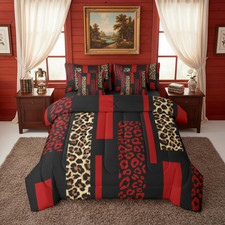Women Red Cheetah Print Bed in a Bag 7 Pcs Brown Red Geometric Leopard Comforter
