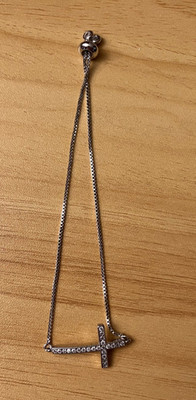 Sideways Cross Silver Tone Bracelet Bolo Adjustable Cubic Zirconia Box Chain