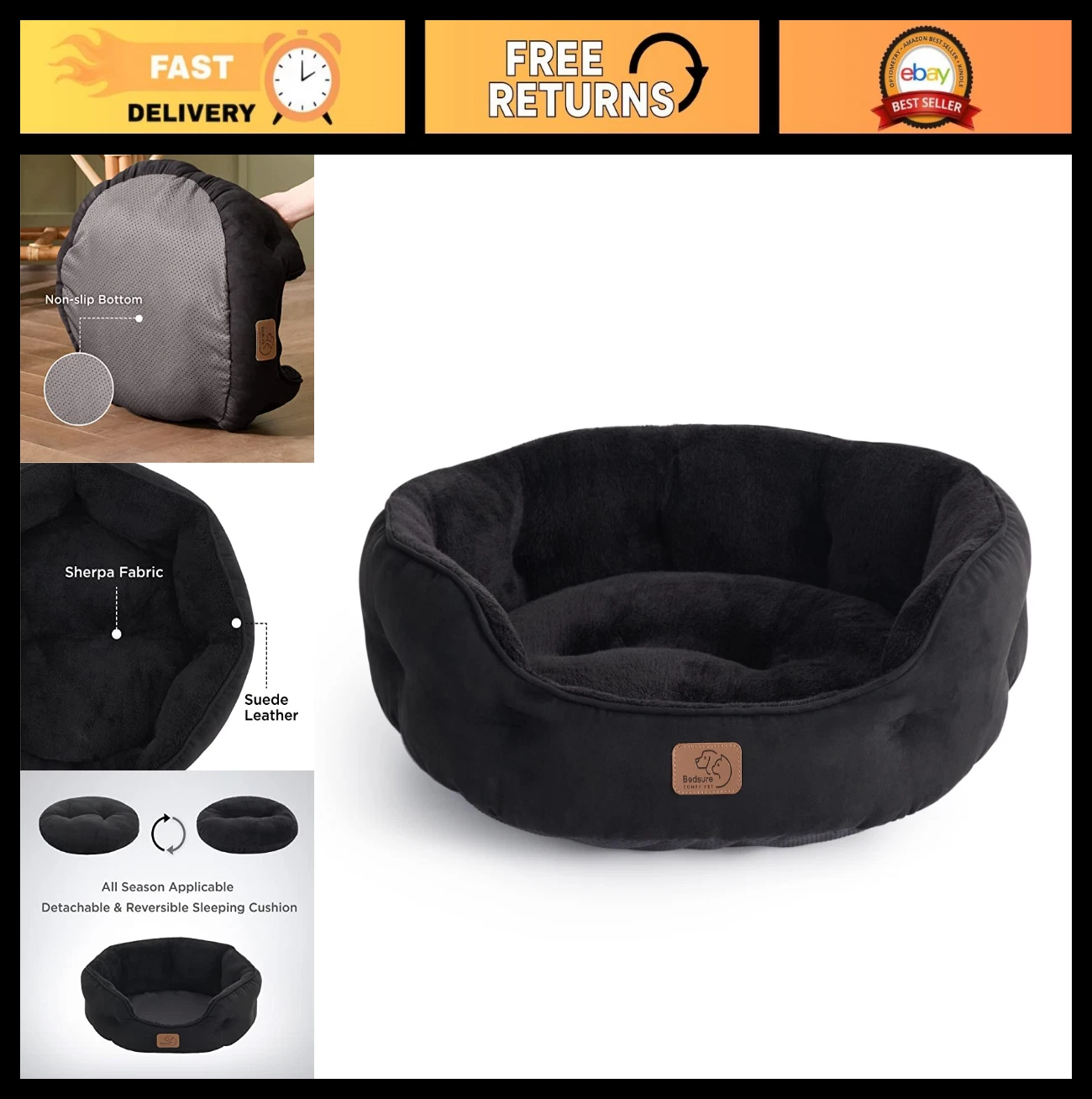 Cozy Round Dog & Cat Bed - Washable Pet Bed for Small Dogs & Kittens, 20" Black