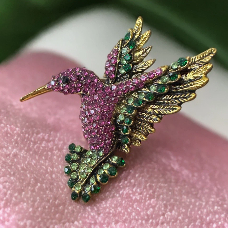 Lote Broche Colibrí Vintage Rosa Verde Estrás Colgante y Pin Esmaltado Foto 2 de 4
