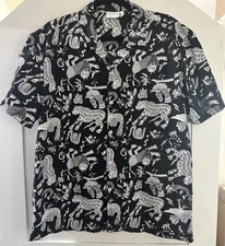 Level Ten Short Sleeve Button Down Shirt Black White Asian Tiger Dragon Size L