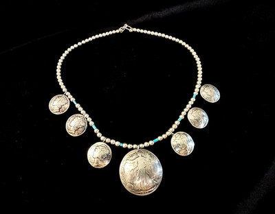 Native American STERLING MERCURY DIME WALKING LIBERTY Coin Necklace 15''L - 41.6G