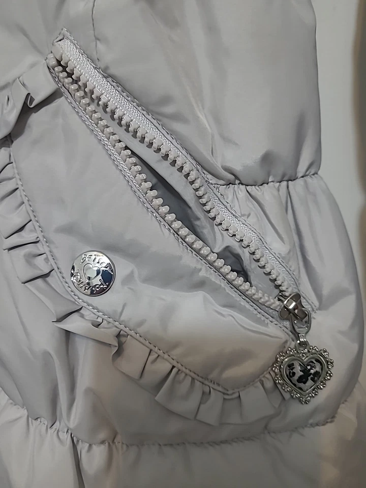 Mujeres Betsy Johnson Abrigo Largo Puffer Quited S Chaqueta Cinturón Volantes Gris PLATEADO Foto 3 de 4