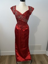 Vintage 80s Mike Benet Red Beaded Sequined Satin Formal Holiday Party Dress Sz 8