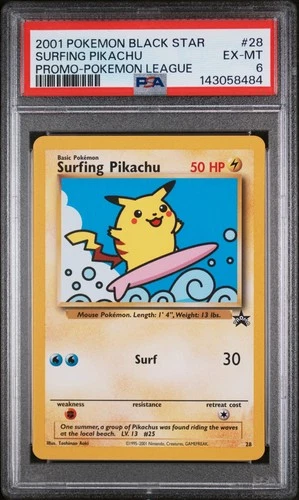 2001 POKEMON PROMO BLACK STAR POKEMON LEAGUE #28 SURFING PIKACHU PSA 6