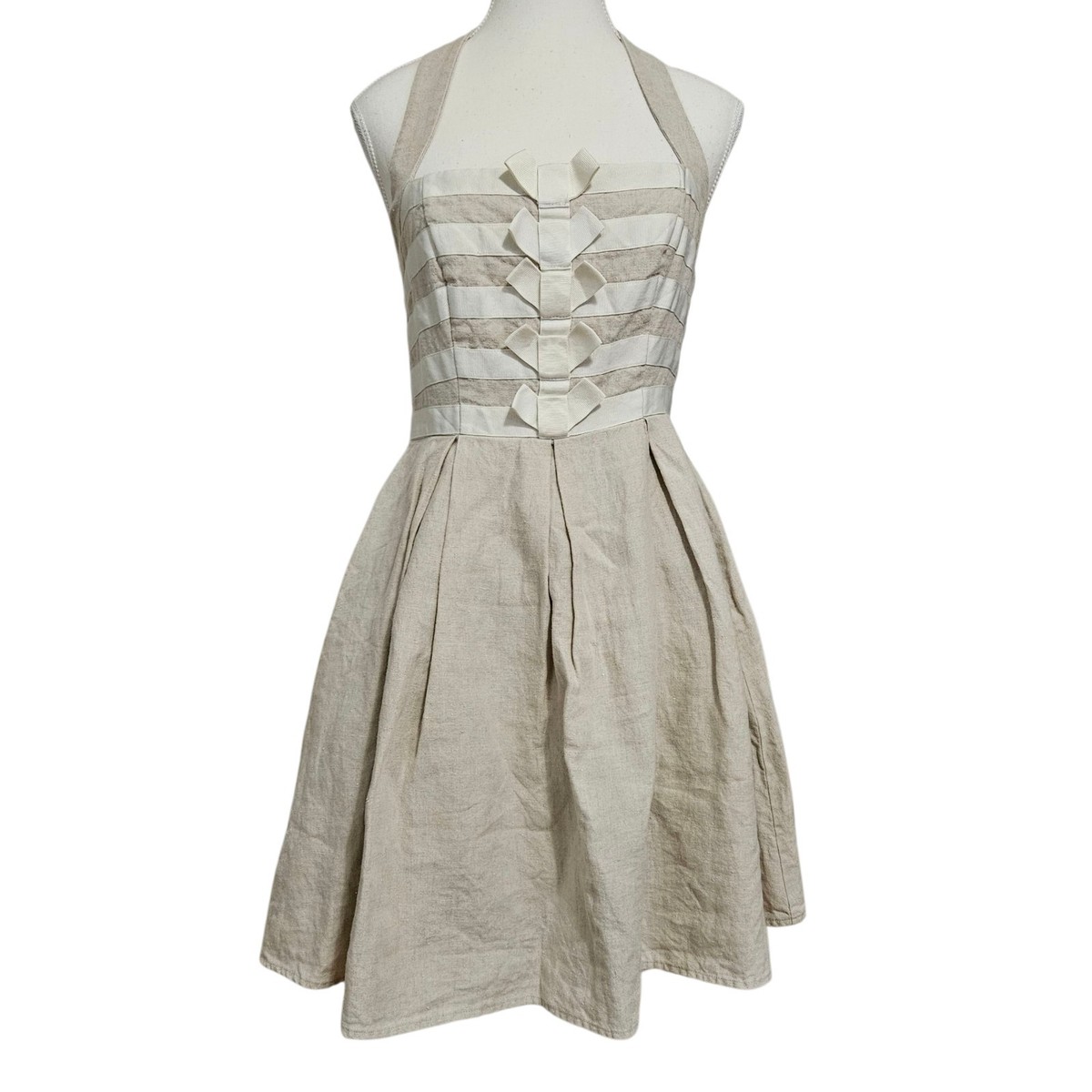Jessica Simpson 100% Linen Halter Dress Size 4 Beige & White Stripe Lined  Preppy