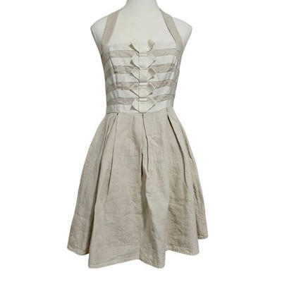 Jessica Simpson 100% Linen Halter Dress Size 4 Beige & White Stripe Lined  Preppy | eBay