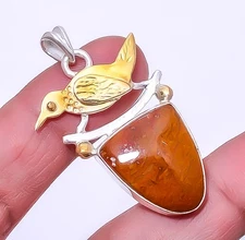 Red And Yellow Jasper 925 Sterling Silver Gold Plated Bird Pendant 1.68" A380