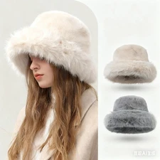 Women's Winter Faux Fur Fisherman Hat - Thickened Warm Fuzzy Bucket Hat for Cold