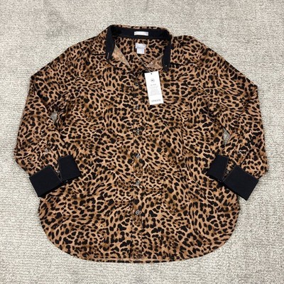 Chico's Top Womens 1 US 8 No Iron Button Down Shirt Leopard Print Cotton New