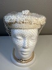 Vintage 1950s Ivory Pillbox Hat w/ Veil Floral Trim Bridal Church Hat