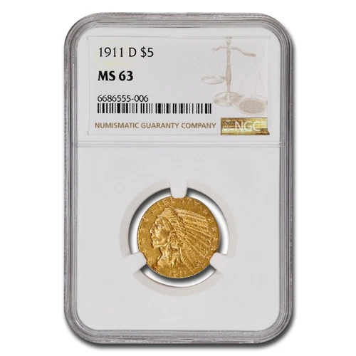 1911-D $5 Indian Gold Half Eagle MS-63 NGC