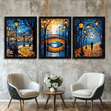 City At Night Set Of 3 Prints Modern Wall Art Blue Orange Prints Urban Landscape