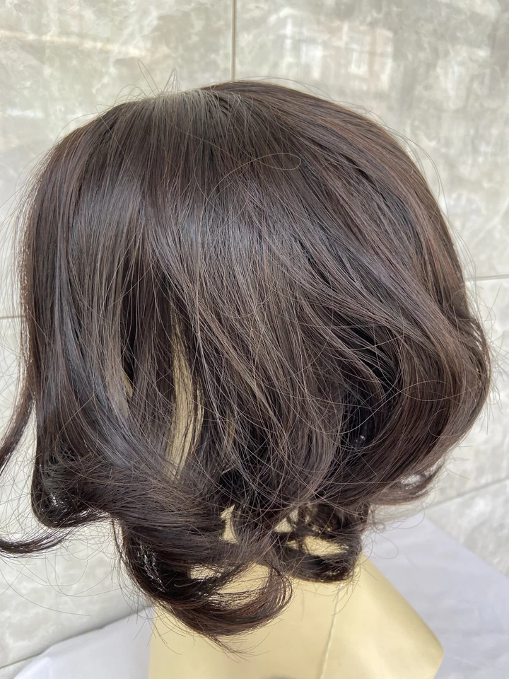 Perucas femininas naturais femininas de comprimento médio marrom escuro bob ondulado mistura de cabelo humano calor ok - Imagem 3 de 4