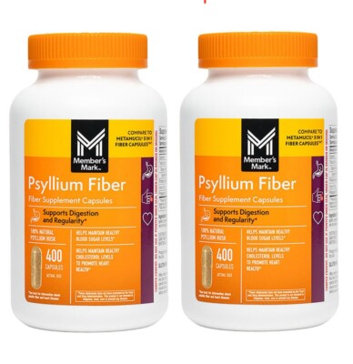 Member's Mark 100 % Psyllium Husk Fiber ( 2 x 400 Capsules Each) Exp. 01/2028+
