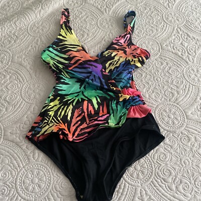 VTG 80s Catalina Neon Animal Print One Piece Bathing Suit Swimdress w/ Bow  USA