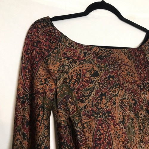 VTG Lauren Ralph Lauren Fairy Silk Paisley Bell Sleeve Dress Small Brown Forest - Picture 3 of 16
