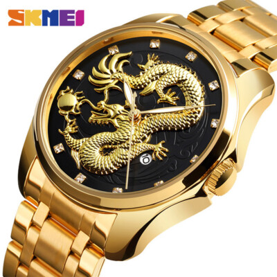 SKMEI Luxus Goldener Drache Quartz Herrenuhren Wasserdicht Edelstahl 9193 E22F