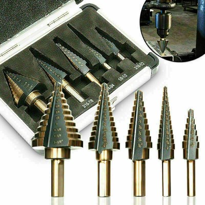 5pcs HSS Step Large  Cone Titanium Drill Bit Hole Cutter Kits Tools w/Case . .