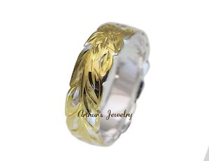 6MM SILVER 925 HAWAIIAN RING YELLOW GOLD PLATED MAILE LEAF 2 TONE SIZE 3-14