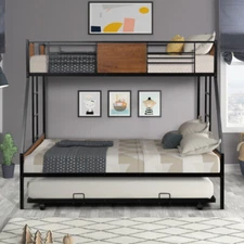 Twin Over Full Bunk Bed w/ Trundle Bed Metal Bed Frame Black Mattress Foundation