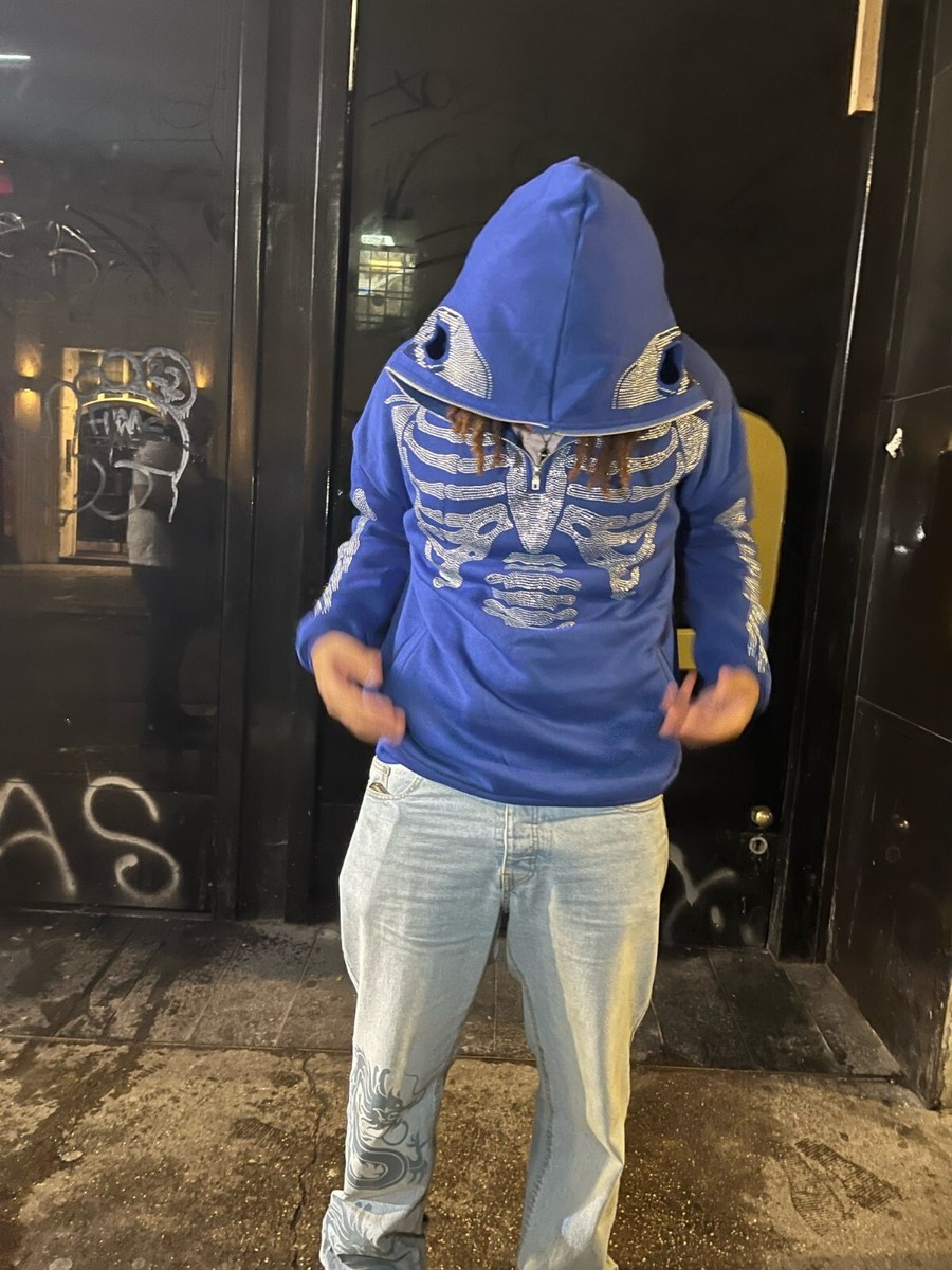 Rhinestone Skeleton Fashion Gothic Men Women Blue Hoodie