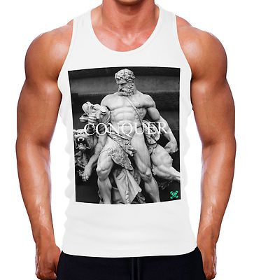 Erobere Gott Statue Tank Weste Muskeltop Herren Training Zitat Motivation Griechisch Gym